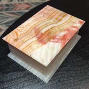 Vintage Italian Pink Banded Onyx Marble Stone Hinged Vanity Jewelry Box